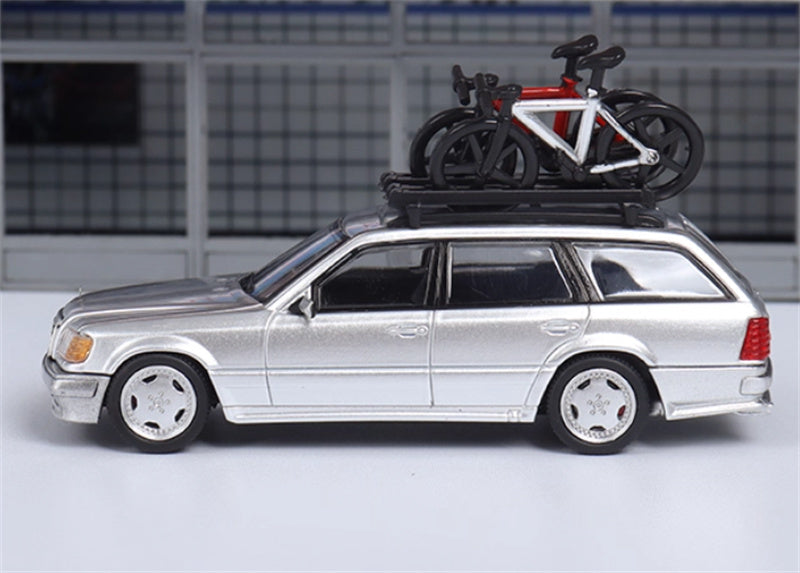 Mortal Mercedes Benz E-Class E300 station wagon S124 with 2 bicycles and luggage rack Silver - Silver Wheel Regular Edition Limited Edition 599PCS ONLY 1:64 Car Pre-built Model view2