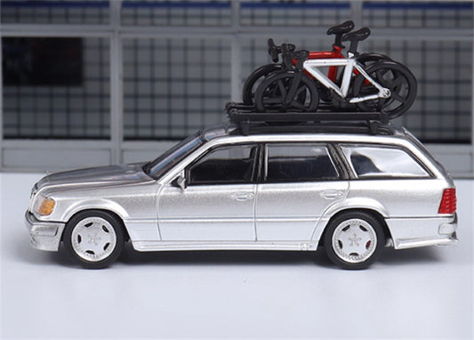 Mortal Mercedes Benz E-Class E300 station wagon S124 with 2 bicycles and luggage rack Silver - Silver Wheel Regular Edition Limited Edition 599PCS ONLY 1:64 Car Pre-built Model view2