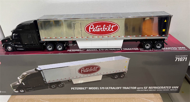 CATERPILLAR Peterbilt 579 UltraLoft Tractor with 53' refrigerated van – Legendary Black cab + 53' Chrome refrigerated van with Peterbilt logo 1:50 Truck Pre-built Model