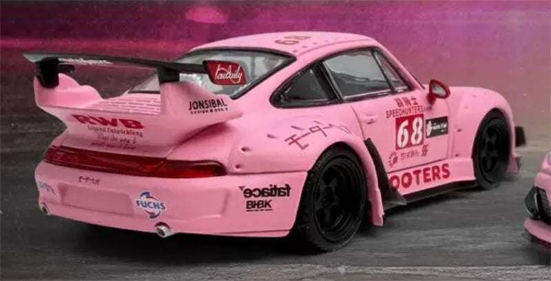 1:64 Porsche RWB 993 Matte Pink Hooters #68 Model model carded version DIECAST Civil Car Model