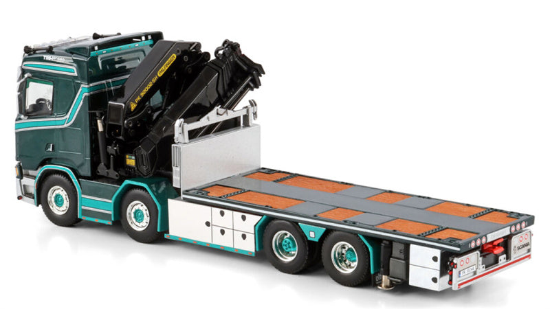 WSI SCANIA R NORMAL CR20N RIGED FLATBED TRUCK 8X2 TAG AXLE WITH PALFINGER PK 92002 SH + JIB TM Hansen 1:50 Model
