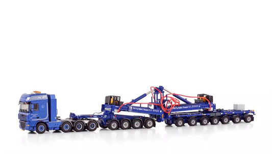 WSI DAF XF 105 SUPER SPACE CAB 8X4 MEGA WIND MILL TRAILER WITH 4 AXLE DOLLY - 7 AXLE RAHBEK 1:50  DIECAST Truck Lorry