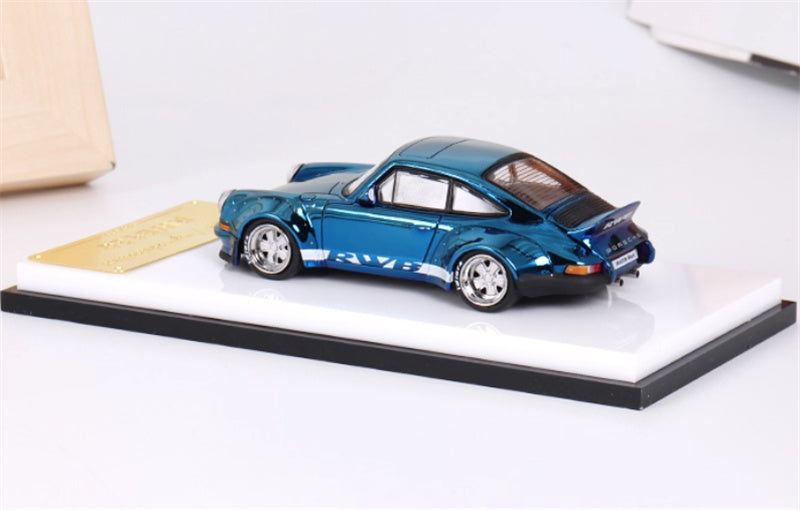 mymodelcollect Porsche RWB 930 Duck Wing Electroplating blue white edges 1:64 Car Pre-built Model view2