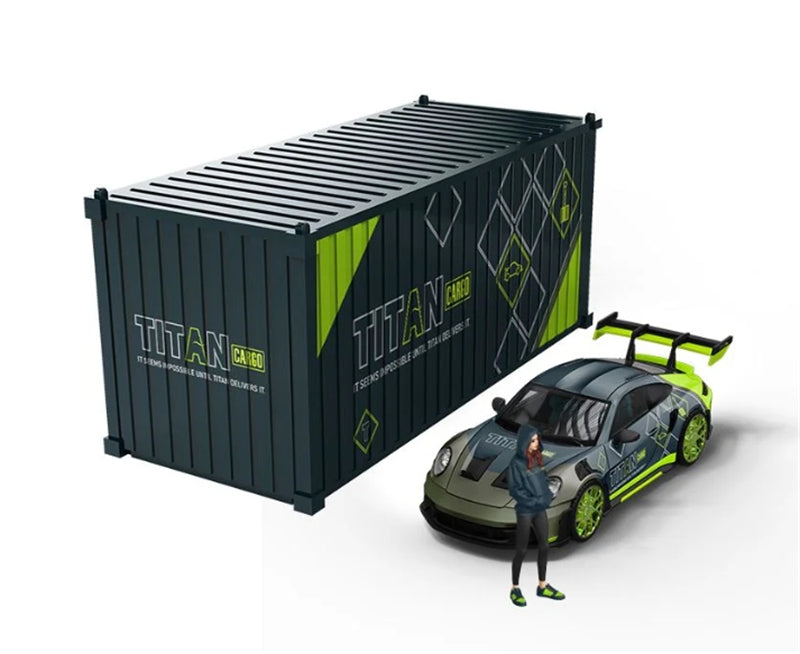 TimeMicro Porsche 992 GT3 RS TITAN Cargo Livery Green Silver Container Set w/ Doll Limited Edition 999PCS ONLY 1:64 car Pre-built Model view1