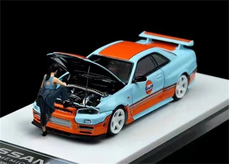 TimeMicro Nissan Skyline GT-R R34 Z-tune Gulf Livery w/ Doll Version Limited Edition 999PCS ONLY 1:64 car Pre-built Model view1