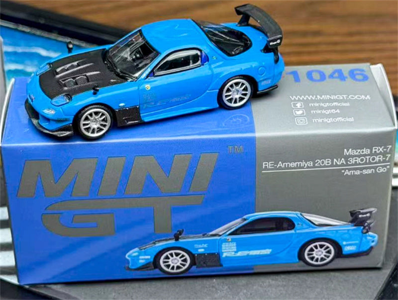 MINIGT Mazdza RX-7 RE-Amemiya 20B NA 3ROTOR-7 Ama-san GO Blue color box packaging 1:64 Car Pre-built Model view6
