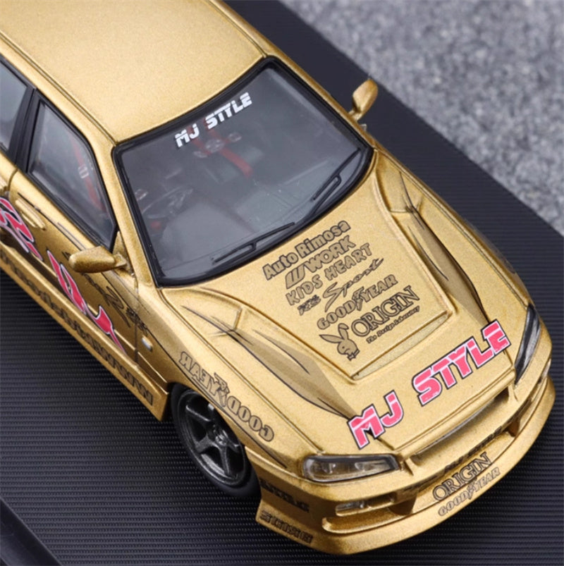 Mortal Nissan GTR ER34 25GT SKYLINE URAS Modified Edition MJ STYLE Gold Limited Edition 1:64 Car Pre-built Model view11