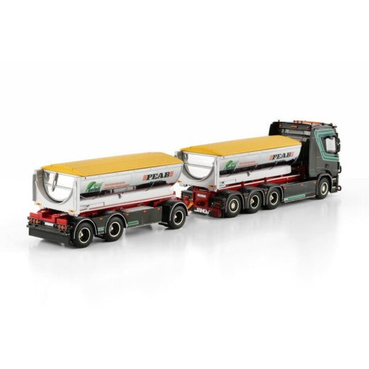 1:50 SCANIA BYE PEAB ASFALT R 8X4 HOOKLIFT CONTAINER DRAWBAR TRAILER 3 AXLE + ASPHALT CONTAINER WSI Diecast Model