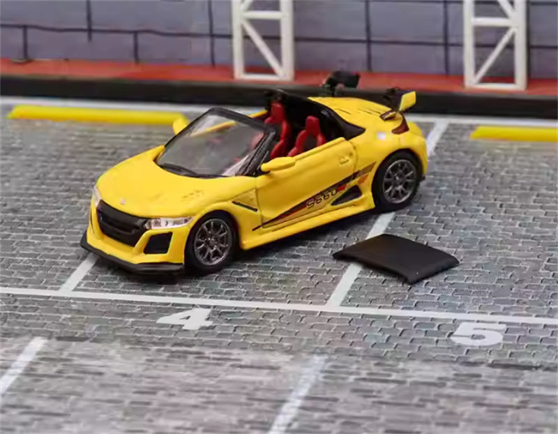 Mortal Honda S660 Mugen Convertible Wide body modified version Small tail yellow - with top cover Limited Edition 499PCS ONLY 1:64 Car Pre-built Model view1
