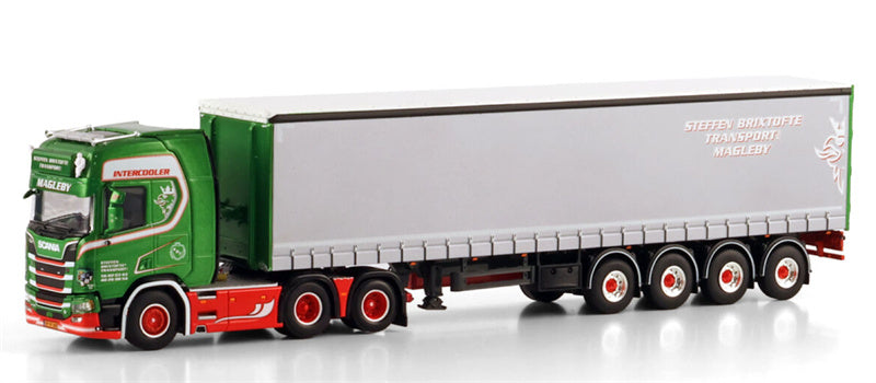 WSI  SCANIA R HIGHLINE CR20H 6X2 TAG AXLE CURTAINSIDE TRAILER - 4 AXLE Steffen Brixtofte Transport Magleby 1:50 Truck Pre-built Model