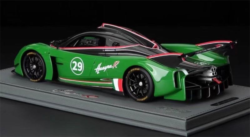 BBR MODELS Pagani Huayra R #29 Gloss black carbon/verde orati Limited Edition 100PCS ONLY Leather base 1:18 Car Pre-built Model view4