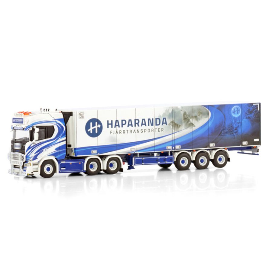 WSI  SCANIA S HIGHLINE CS20H 6X2 TAG AXLE REEFER TRAILER - 3 AXLE Haparanda Fjarrtransport 1:50 DIECAST Truck Lorry