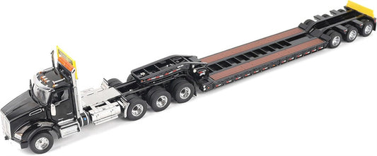CATERPILLAR Kenworth T880 SBFA Daycab Tridem Tractor in Black with Trail King TK120 HDG Lowboy Trailer 1:50 Truck Pre-built Model