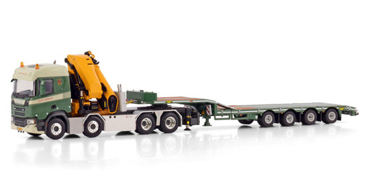 WSI  SCANIA R NORMAL CR20N 8X4 SEMI LOW LOADER - 4 AXLE WITH PALFINGER PK 135.002 TEC 7 Lock Transport 1:50 Truck Pre-built Model