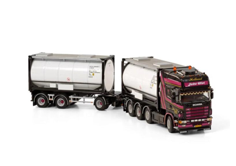 WSI SCANIA R4 TOPLINE 8X2 TAG AXLE RIGED DRAWBAR CONTAINER  COMBI - 7 AXLE + 2X 20FT TANKCONTAINER JOKE VLOT TRANSPORT 1:50  Truck Pre-built Model