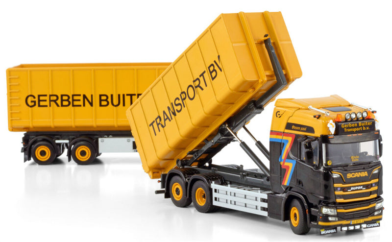 WSI SCANIA R HIGHLINE CR20H 6X2 TAG AXLE RIGED DRAWBAR TRUCK WITH HOOKLIFT SYSTEM - 3 AXLE + HOOKLIFT 40M3 CONTAINER Gerben Buiter 1:50 Model