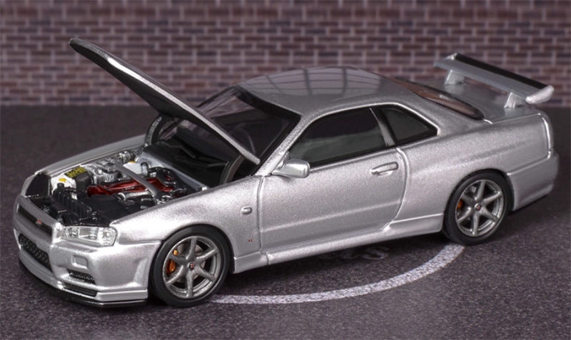 MOTORHELIX Nissan Skyline GT-R R34 V-spec II Silver - Silver Wheel Limited Edition 799PCS ONLY 1:64 Car Pre-built Model view1