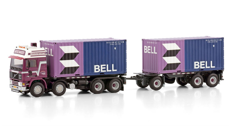 WSI VOLVO F12 GLOBETROTTER RIGED CONTAINER TRUCK 8X2 TAG AXLE CONTAINER DRAWBAR TRAILER - 3 AXLE + 2X 20FT CONTAINER Jan de Bakker Bell 1:50 Model