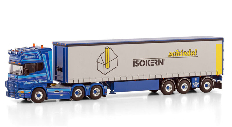 WSI  SCANIA R4 TOPLINE 6X2 TAG AXLE CURTAINSIDE TRAILER - 3 AXLE Rasmus K Jensen schiedel ISOKERIN 1:50 Truck Pre-built Model