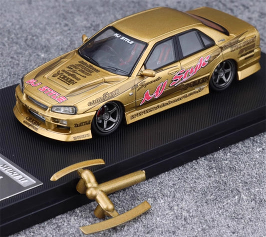 Mortal Nissan GTR ER34 25GT SKYLINE URAS Modified Edition MJ STYLE Gold Limited Edition 1:64 Car Pre-built Model view1