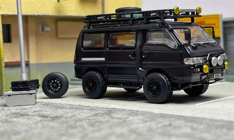 Autobots Models Mitsubishi Delica 3rd Generation Wagon 4X4 Off Road Modified Edition Black left-hand drive with accessories 1:64 Car Pre-built Model view5