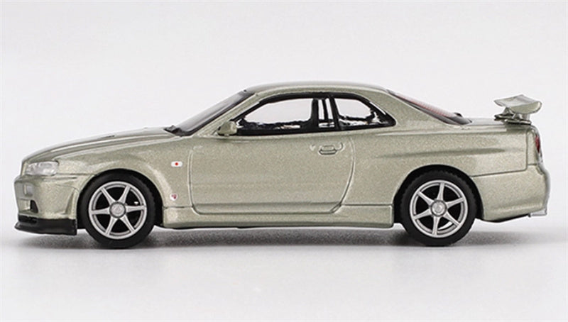 MINIGT Nissan Kyline GT-R R34 V-Spec II Nur Millenium Jade color box packaging 1:64 Car Pre-built Model view3