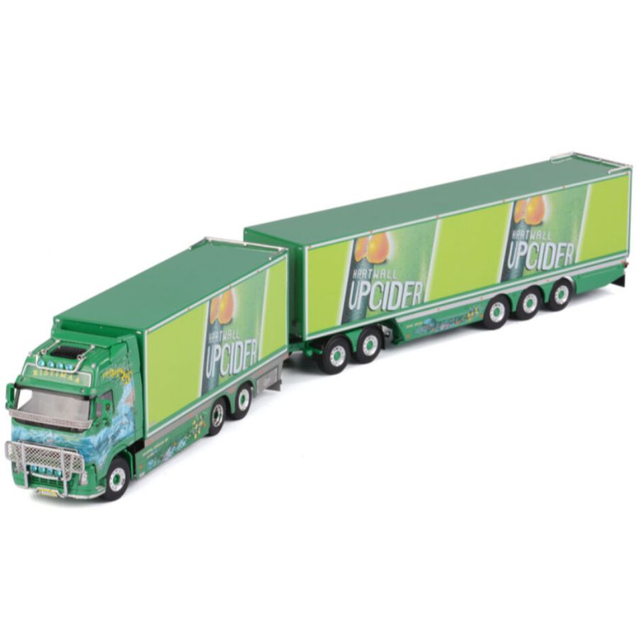 WSI  VOLVO FH2 GLOBETROTTER XL 6X2 TAG AXLE BOX TRAILER (3 as star) + 2as dolly Ristimaa Cider Shark 1:50 DIECAST Truck