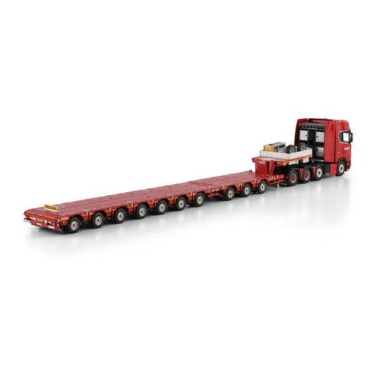 1:50 SCANIA NOOTEBOOM RED LINE S CS20H 8X4 MANOOVR W/ 3 AXLE DOLLY 7 AXLE WSI Red Diecast Model