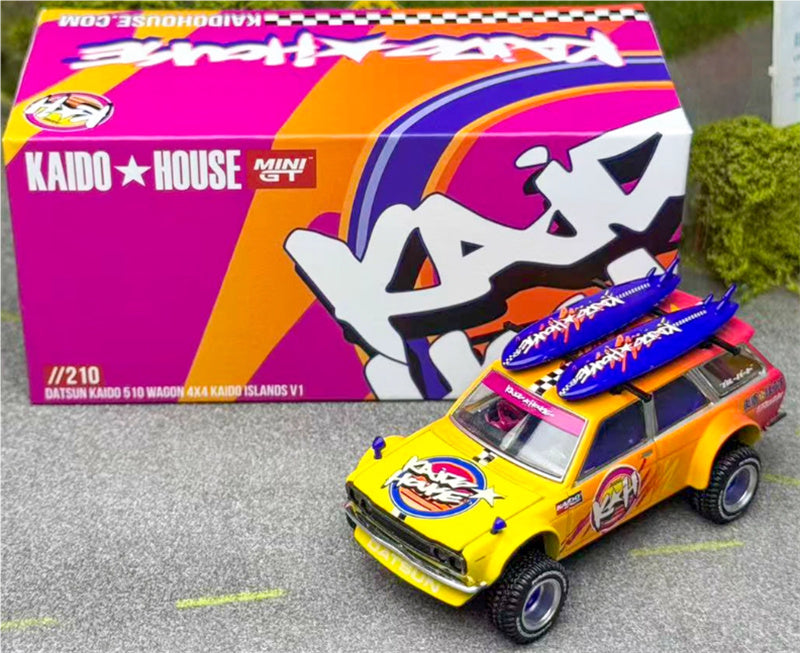 KaidoHouse x MiniGT Datsun Kaido 510 Wagon 4x4 Kaido ISLANDS V1 orange-yellow color box packaging 1:64 Car Pre-built Model view8