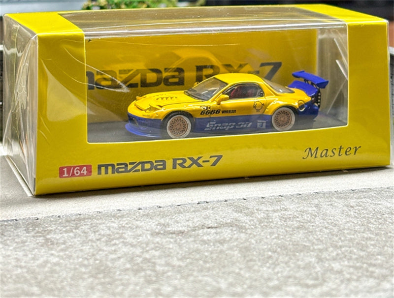 Master Mazda RX-7 FC3S Rocket Runny Pandem Blue yellow double spelling Limited Edition 1:64 Car Pre-built Airliner Model Display view9