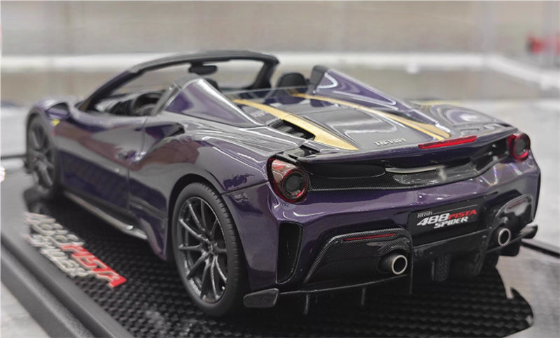 BBR MODELS FERRARI 488 Pista Spider convertible Hong Kong Metal Purple Double yellow Strip Black wheels Carbon fiber base Limited Edition 28PCS ONLY 1:18 Car Pre-built Model view3