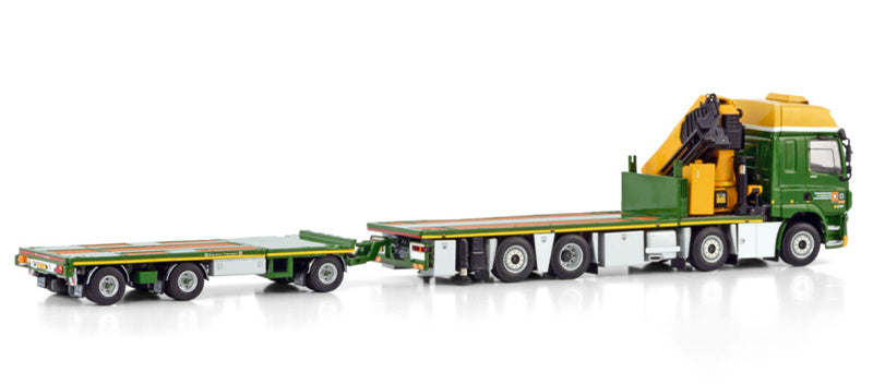 WSI  DAF CF SPACE CAB MY2017 RIGED FLAT BED TRUCK WITH PALFINGER PK 65002 SH + JIB 8X2 TAG AXLE FLAT BED TRAILER - 3 AXLE Boerman 1:50 DIECAST Truck