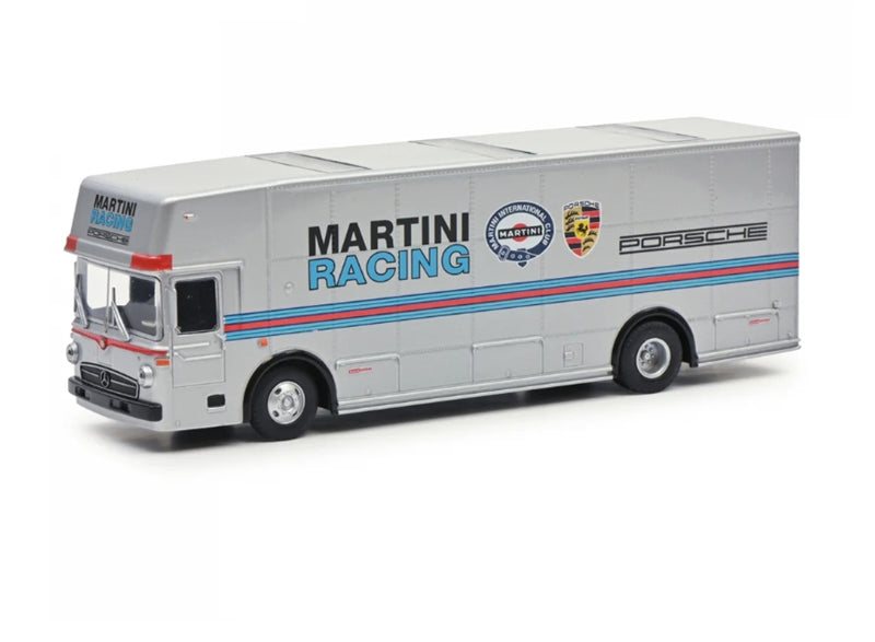 Schuco Mercedes Benz O317 Race Car Transporter Team Porsche Martini Racing silver 1971 1:64 Truck Pre-built Model