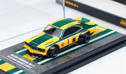 INNO64 MAZDA SAVANNA RX3 KATAYAMA Yellow # 1 1:64 car Pre-built Model view1