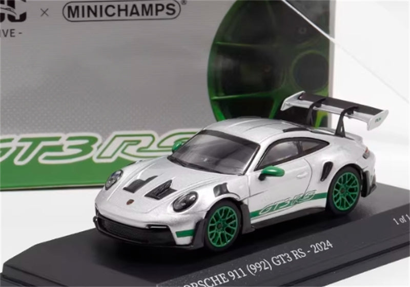 MINICHAMPS Porsche 911 GT3 RS 2024 Silver w/ Green Wheels Limited Edition 1000PCS ONLY 1:64 Car Pre-built Model