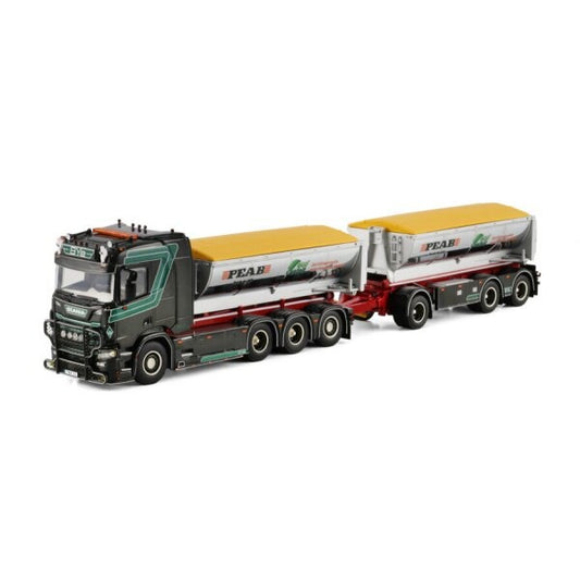 1:50 SCANIA BYE PEAB ASFALT R 8X4 HOOKLIFT CONTAINER DRAWBAR TRAILER 3 AXLE + ASPHALT CONTAINER WSI Diecast Model