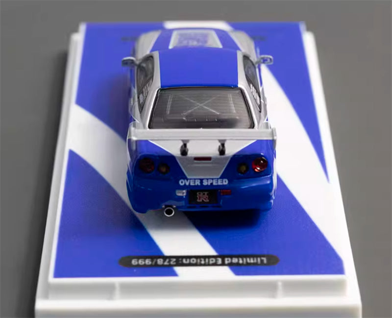 TIMEMICRO Nissan Skyline GT-R R34 Blue Silver NFS Edition Limited Edition 999PCS ONLY 1:64 Car Pre-built Model view6
