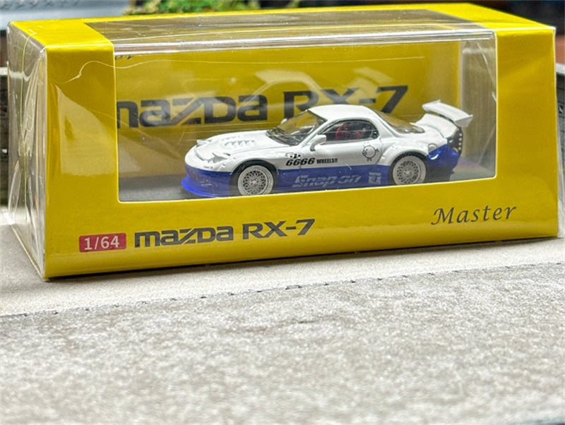 Master Mazda RX-7 FC3S Rocket Runny Pandem White Blue Double Match Limited Edition 1:64 Car Pre-built Airliner Model Display view9