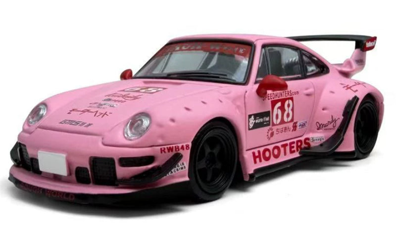 1:64 Porsche RWB 993 Matte Pink Hooters #68 Model model carded version DIECAST Civil Car Model