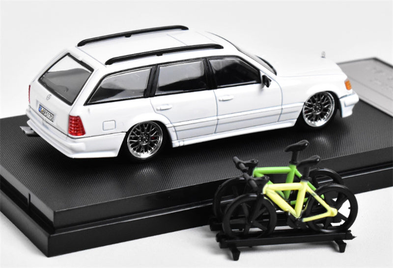 Mortal Mercedes Benz E-Class E300 station wagon S124 with 2 bicycles and luggage rack White - Silver Wheel low slung version Limited Edition 599PCS ONLY 1:64 Car Pre-built Model view2