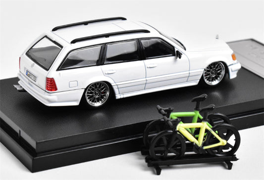 Mortal Mercedes Benz E-Class E300 station wagon S124 with 2 bicycles and luggage rack White - Silver Wheel low slung version Limited Edition 599PCS ONLY 1:64 Car Pre-built Model view2