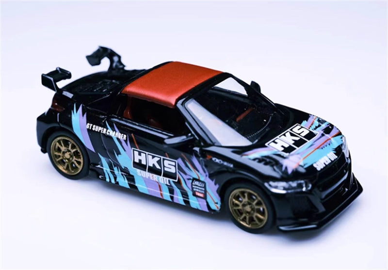 Mortal Honda S660 Mugen Convertible Wide body modified version Small tail HKS coating - with top cover 1:64 Car Pre-built Model view6