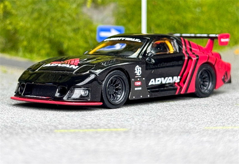 MINIGT Mazda RX-7 LB-Super Silhouette Advan black and red coating color box packaging 1:64 Car Pre-built Model view1