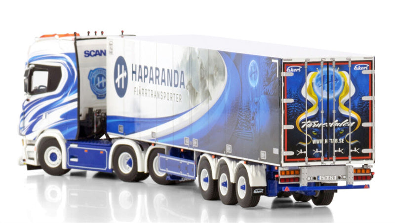 WSI  SCANIA S HIGHLINE CS20H 6X2 TAG AXLE REEFER TRAILER - 3 AXLE Haparanda Fjarrtransport 1:50 DIECAST Truck Lorry