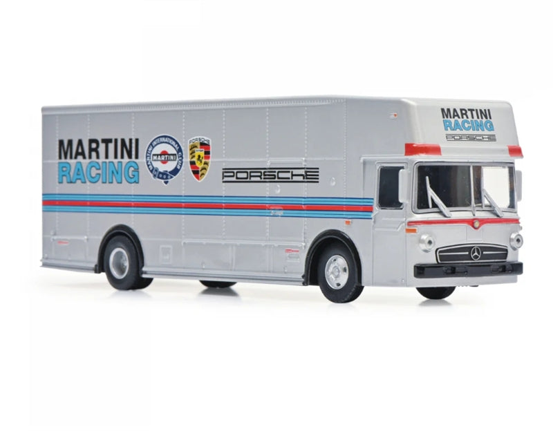 Schuco Mercedes Benz O317 Race Car Transporter Team Porsche Martini Racing silver 1971 1:64 Truck Pre-built Model