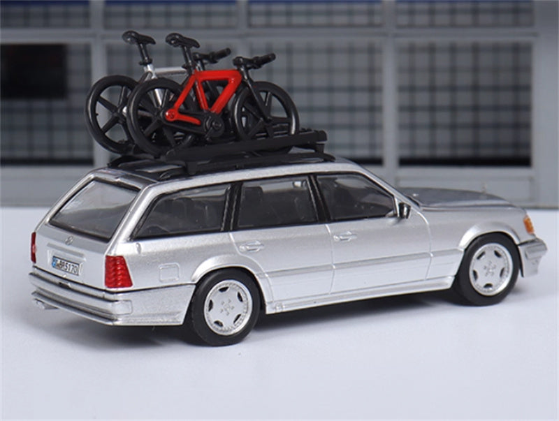 Mortal Mercedes Benz E-Class E300 station wagon S124 with 2 bicycles and luggage rack Silver - Silver Wheel Regular Edition Limited Edition 599PCS ONLY 1:64 Car Pre-built Model view3