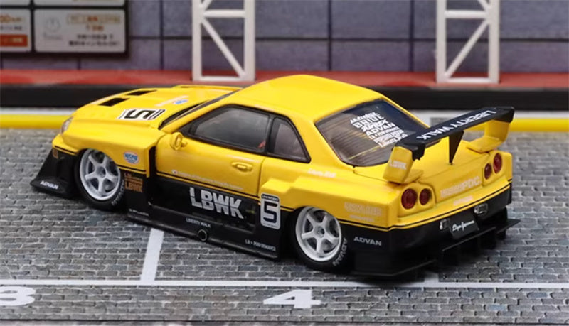 SW Nissan Skyline LBWK ER34 Yellow Black White Wheels 5# Limited Edition 1:64 car Pre-built Model view2