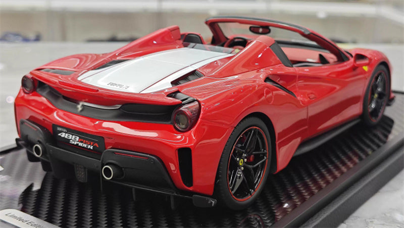 BBR MODELS Ferrari 488 Pista Spider convertible Metallic red White stripe Black wheel red calipers Carbon fiber base Limited Edition 28PCS ONLY 1:18 Car Pre-built Model view6