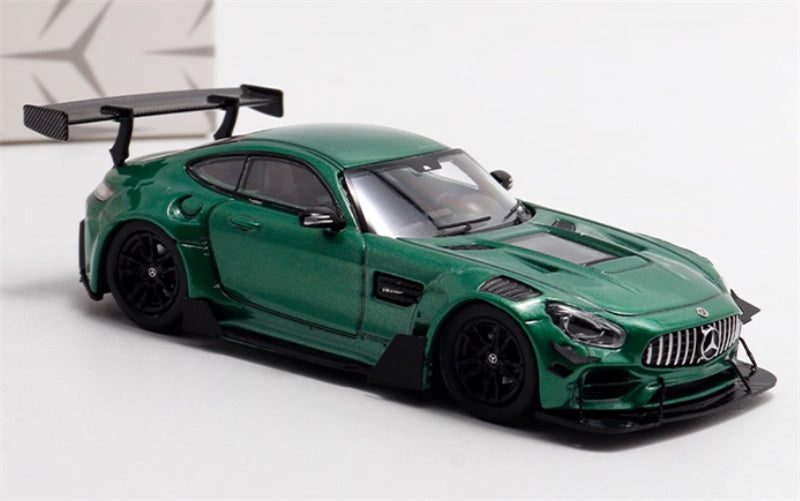 Rhino Model Mercedes AMG GTS modified big rear wing sports car Metallic Green 1:64 Car Pre-built Model view5