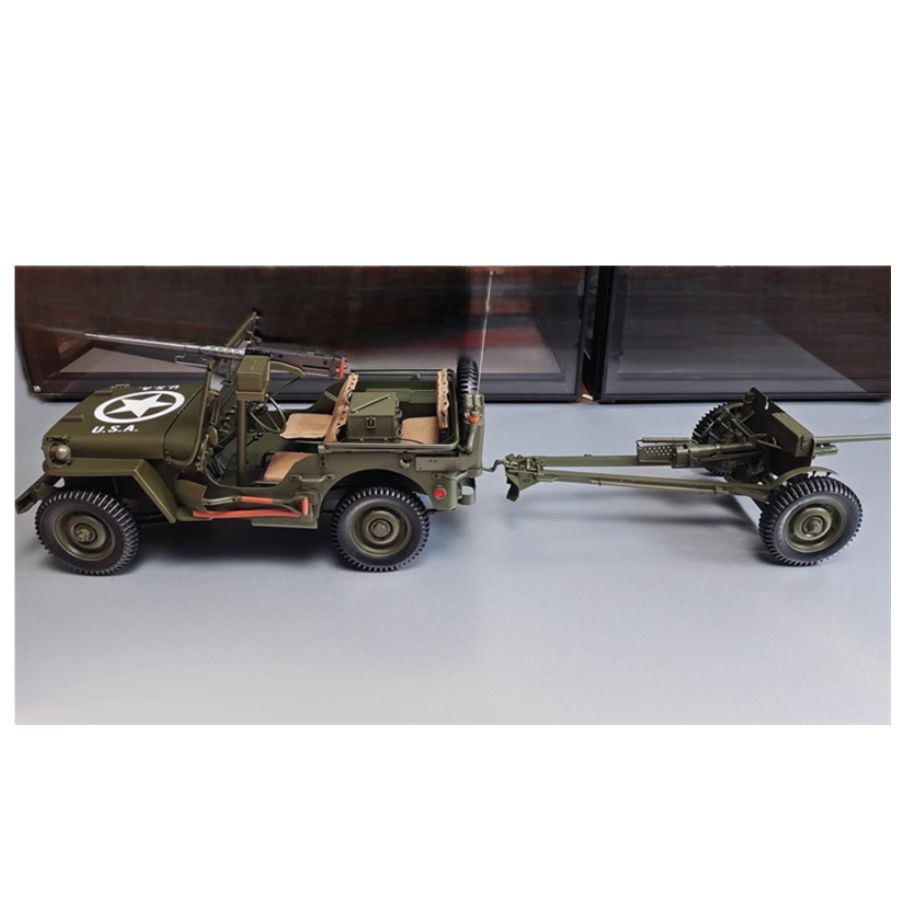 PREMIUM X 1943 Jeep Wells MB Trailer M3 Anti Tank Set Olive green 1:8 DIECAST Tank